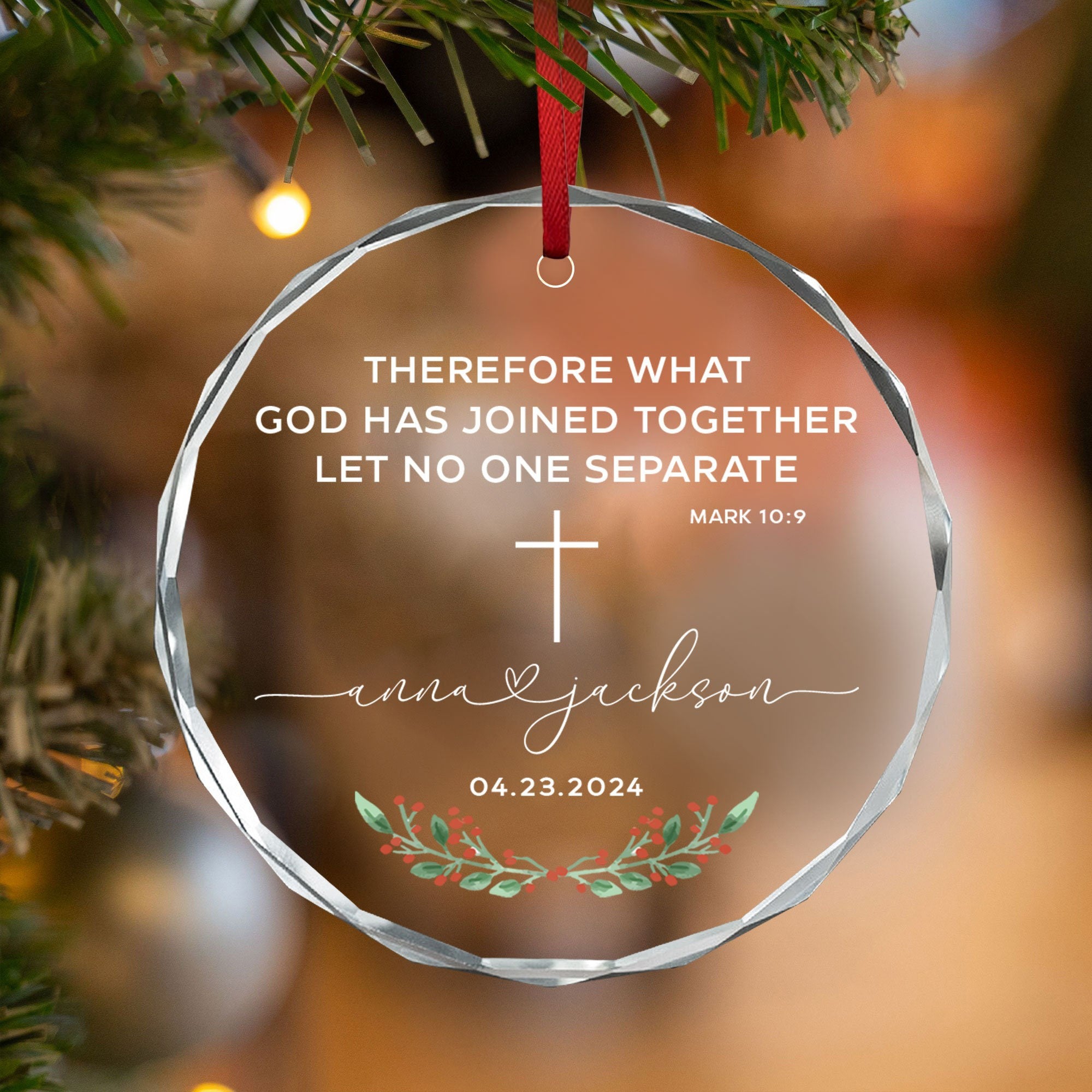 Personalized Christian Christmas Tree Ornament with Bible Verse Mark 10:9, Xmas Decor, Christian Jesus Ornament, Custom Wedding Gift, Ideas For Christmas Trees DCLAF20